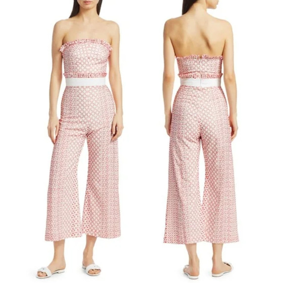 Alexis Barbara Pretti Embroidered Ruffle Wide Leg Jumpsuit Pink/White Women's S - Picture 1 of 5